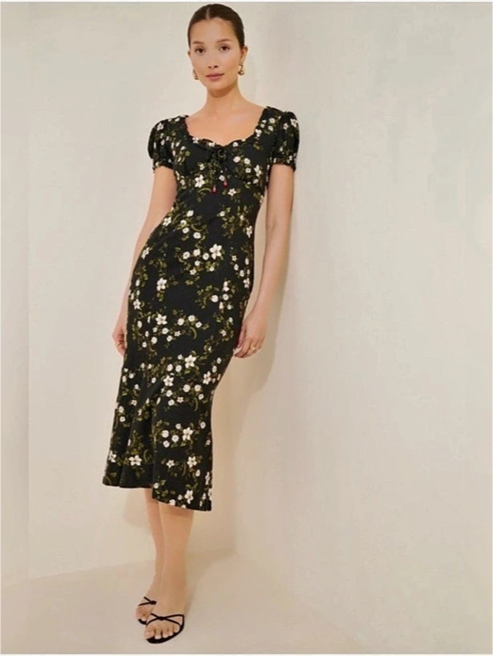 Maeve Sweetheart Midi Dress Floral Midi Dress in Black & Green Size Large